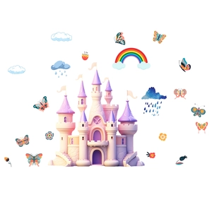 Autocollants muraux château arc-en-ciel avec papillons pour décoration chambre enfant
