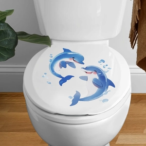 Cartoon blue dolphin toilet lid stickers with bubbles for bathroom decoration