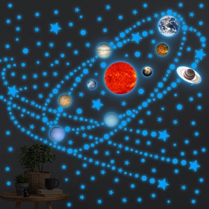 Luminous solar system wall stickers featuring glowing blue stars and detailed planets