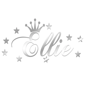 Silver mirror acrylic wall sticker featuring name Ellie with crown and stars