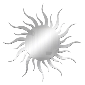 Silver acrylic sun mirror wall sticker featuring wavy flame-like rays for home decoration