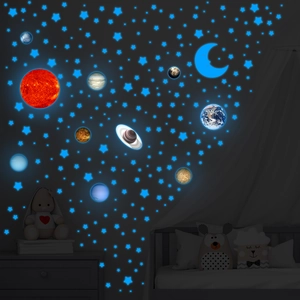 Stickers muraux système solaire fluorescents avec étoiles bleues et lune pour chambre