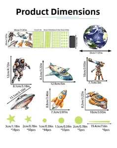 Tableau des tailles pour autocollants muraux astronaute avec terre lumineuse de 30cm de diam