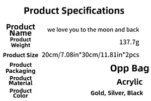 Detailed specifications for Moon and Back acrylic mirror wall stickers in three colors