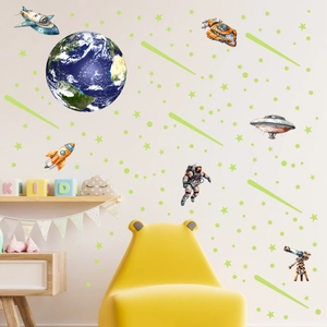 Stickers muraux espace phosphorescents avec terre et astronaute pour chambre enfant