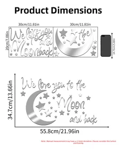 Detailed dimension chart showing moon and star acrylic mirror wall sticker sizes