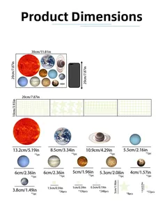 Detailed size chart for luminous solar system wall stickers including planets and stars