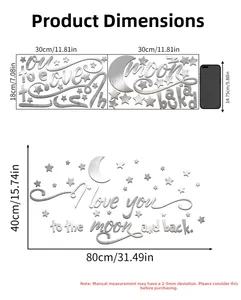 Size diagram of silver acrylic moon star wall stickers with love slogan and dimensions