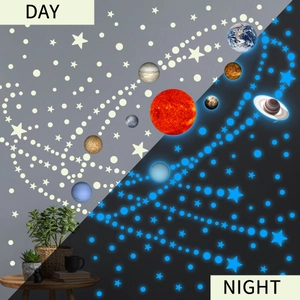 Glow in the dark solar system wall stickers showing day and night luminous blue effect