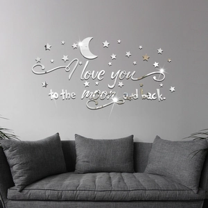 Detail of mirrored acrylic wall sticker with moon stars and I love you to the moon text