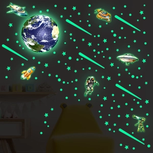 Vue détaillée d'autocollants muraux espace montrant la terre et des astronautes