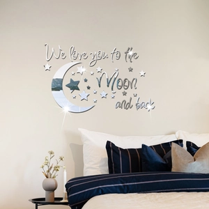 3D acrylic mirror wall sticker set with moon stars and romantic quote for bedroom decor