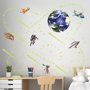 Kit de stickers muraux détaillés avec Terre, astronaute et fusées pour chambre d'enfant