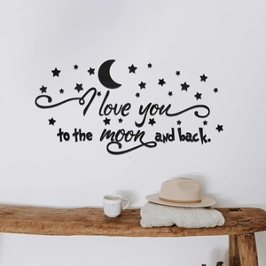 3D acrylic mirror wall art featuring moon and stars with I love you to the moon and back text