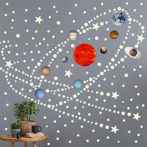 Luminous solar system wall stickers featuring planets and stars for bedroom wall decoration
