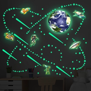 Stickers muraux lumineux avec Terre phosphorescente, astronautes et thème espace étoilé