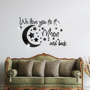 Acrylic moon and star mirror wall stickers with 'We love you to the Moon and back' text