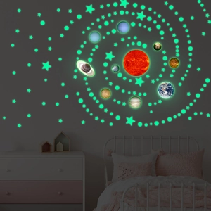Glow in the dark solar system wall stickers featuring planets and stars for bedroom decor