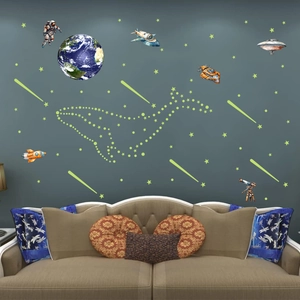 Détail de sticker mural lumineux montrant astronaute, terre et constellation de baleine