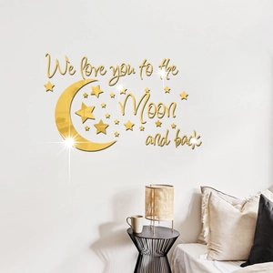 3D golden moon and stars acrylic mirror wall sticker with We Love You To The Moon And Back text