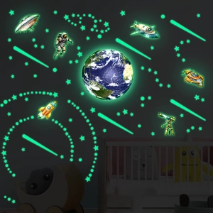Stickers muraux espace phosphorescents avec terre astronaute et étoiles pour chambre d'enfant