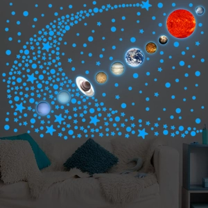 Detailed realistic solar system wall decals with glowing planets and stars on living room wall