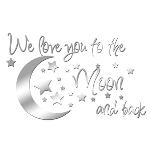 3D silver acrylic mirror wall stickers with moon stars and romantic quote for bedroom decor