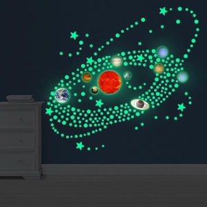 Detailed glow in the dark solar system wall stickers with green luminous planet effects