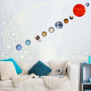Luminous solar system wall stickers with realistic planets for bedroom decor on a white wall