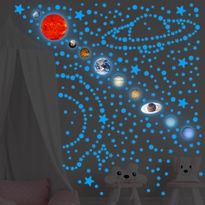 Luminous solar system wall stickers with blue glowing planets and stars for bedroom decor