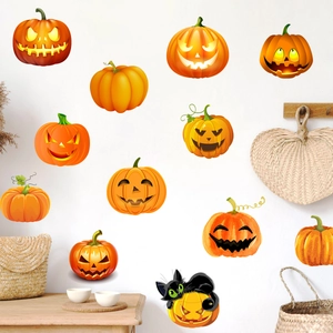 Halloween pumpkin stickers with spooky faces displayed on a white wall for home decor