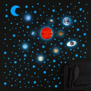 Stickers muraux système solaire lumineux avec planètes et étoiles bleues dans la chambre