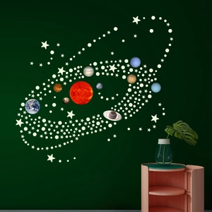 Detailed solar system wall stickers with realistic planets and glowing stars for bedroom decor