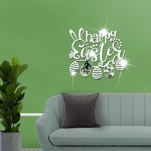 Silver mirror acrylic wall sticker detail with Happy Easter text and festive eggs decoration