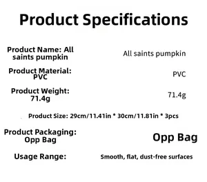 Detailed specifications for Halloween pumpkin PVC wall stickers featuring sizing and weight