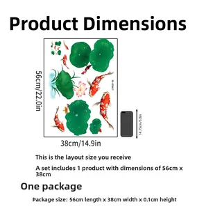 Detailed size chart for lotus and koi fish wall stickers measuring 56x38cm with scale