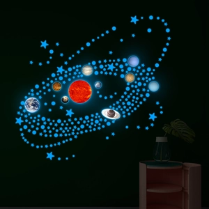 Luminous solar system wall stickers glowing blue planets and stars in a dark bedroom