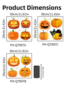 Detailed size chart showing three Halloween pumpkin wall stickers measuring 30x29cm each