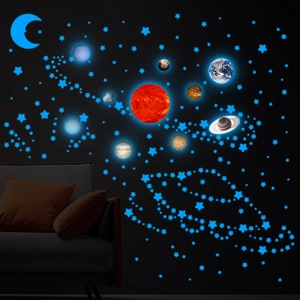 Stickers muraux système solaire lumineux avec lune et étoiles pour déco de chambre