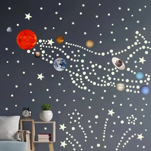 Luminous solar system wall stickers with planets and stars glowing in a bedroom setting