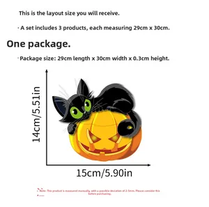 Detailed dimensions of Halloween black cat on pumpkin stickers, set of 3 sheets 29x30cm