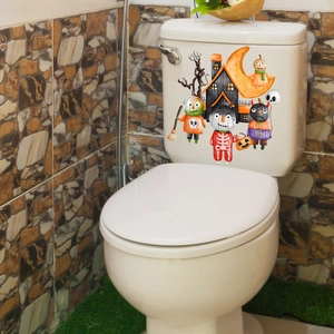 Halloween bathroom decor stickers with cartoon pumpkin, ghost house, and moon designs