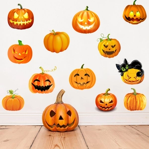 Set of 12 Halloween pumpkin wall stickers with spooky faces for festive room decoration