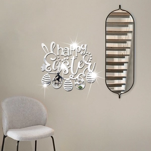 Detailed view of Happy Easter silver mirror wall decal with bunny and egg motifs