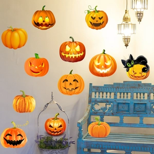 Halloween pumpkin wall stickers with black cat for festive room background decoration