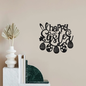 Detailed close-up of a black acrylic Happy Easter wall decal with bunny ears and eggs