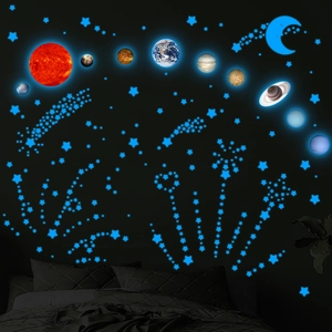 Stickers muraux système solaire lumineux avec planètes et étoiles bleues pour chambre