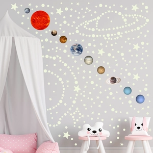 Luminous solar system wall stickers with planets and stars for kids bedroom wall decor