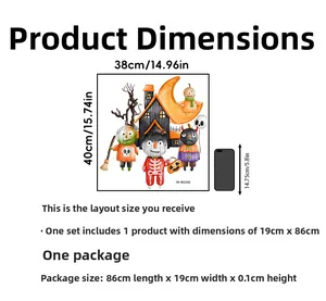 Size chart showing 38x40cm Halloween toilet sticker dimensions and packaging specifications