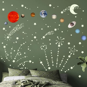 Stickers muraux système solaire réalistes avec étoiles et planètes lumineuses dans une chambre